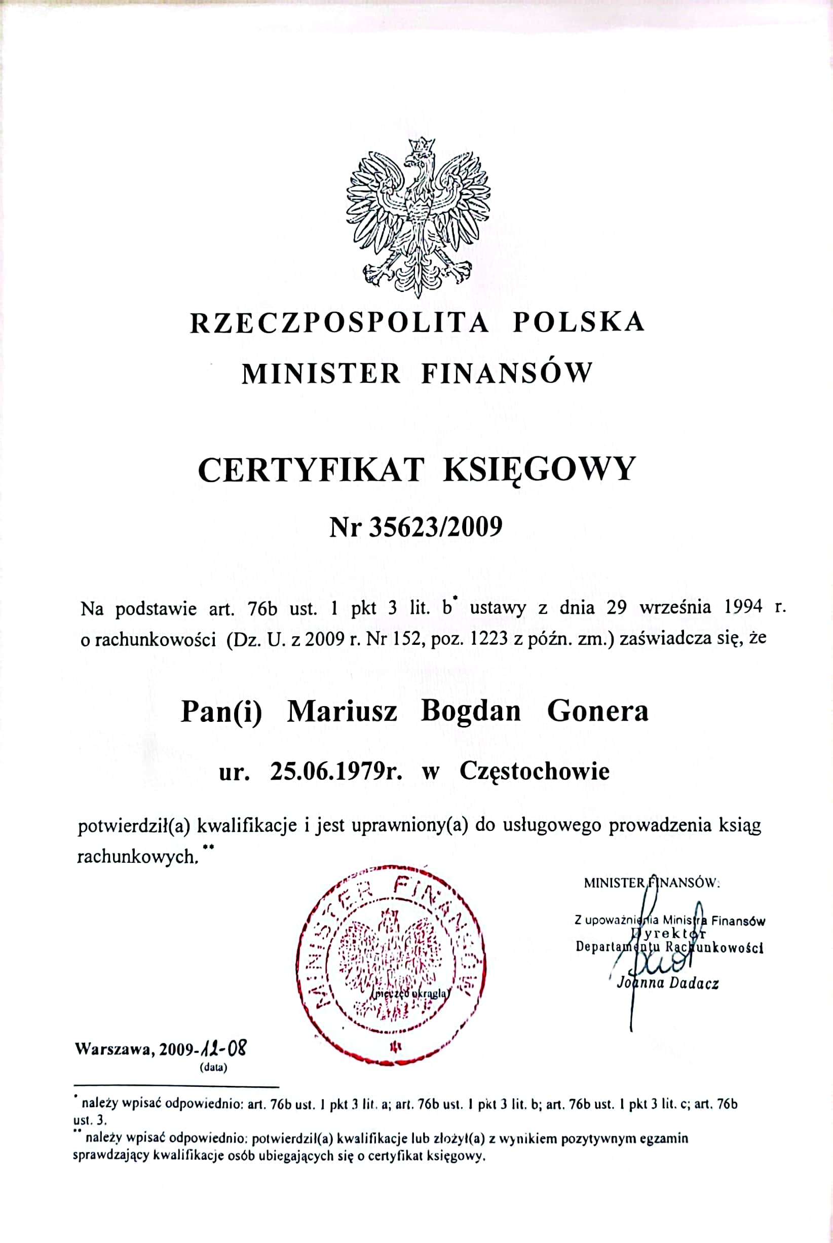 certyfikat księgowy